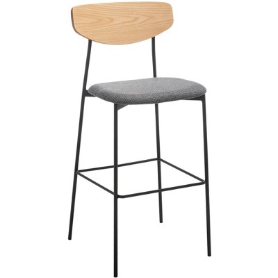 Mid-Century Saddle Style Oak and Grey Leather Barstool