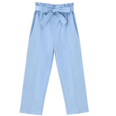 Girls High Waist Paper Bag Pants Belted Waist Tapered Pants Bow Deco Pants with Pocket,Light Blue - 160