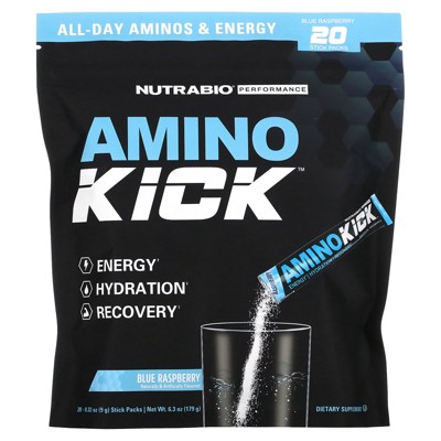 NutraBio Amino Kick, Blue Raspberry, 20 Stick Packs, 0.32 oz (9 g) Each