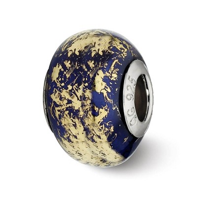 Black Bow Jewelry Dark Blue w/Gold Foil Ceramic & Sterling Silver Bead Charm, 14mm