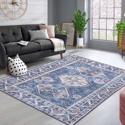 Floral Print Indoor Thin Rug, Non Slip Washable Low Pile Carpet Mat with Stain Resistant