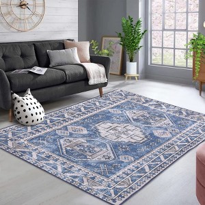 Floral Print Indoor Thin Rug, Non Slip Washable Low Pile Carpet Mat with Stain Resistant - 1 of 4