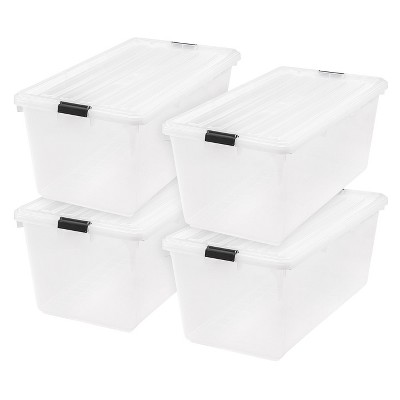 Photo 1 of (DAMAGED, INCOMPLETE)IRIS 91 Quart Large Storage Bin Utility Tote Organizing Container Box with Buckle Down Lid for Clothes Storage, Clear, Set of 4
**MISSING 2 BINS, DAMAGED CORNERS**