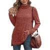 Women's Fall Winter High Neck Ribbed Knit Top - Loose Fit T-Shirt with Side Slits - 2 of 4