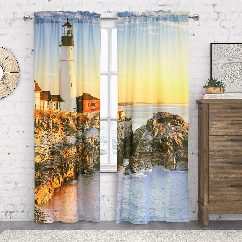 Habitat Photo Real Lighthouse and Ambient Surroundings Sunrise Light Filtering Pole Top Curtain Pair Each 38" x 84" Multicolor, 1 of 6