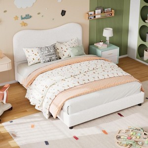 Homhougo Twin Bed Frame for Kids with Velvet Upholstered Headboard, Cute Low Profile Platform Bed for Girls and Boys, No Box Spring Needed, Blue - 1 of 4