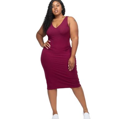 Slickblue Plus Size Sleeveless Ribbed Bodycon Midi Dress, Curve-Hugging Fit, Stretch Jersey, Burgundy, Size 3XL