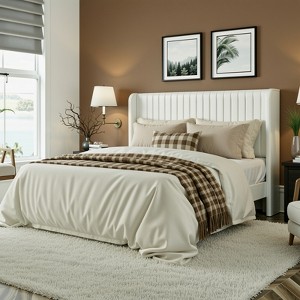 Velvet Upholstered Bed with Wingback Headboard, No Box Spring Needed - 1 of 4