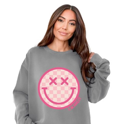 Simply Sage Market S.W.Smiley Pink Checker Smiley Face Garment Dyed Sweatshirt