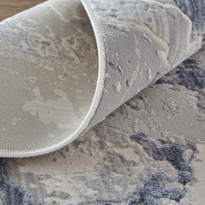Ivory and Blue Abstract Synthetic Runner Rug
