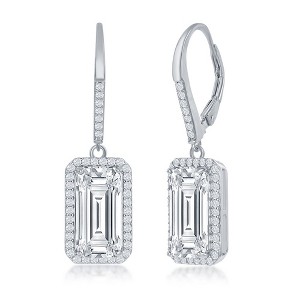 Bella Silver Sterling Silver Emerald-Cut CZ with CZ Border Dangle Earrings - Silver - 1 of 2