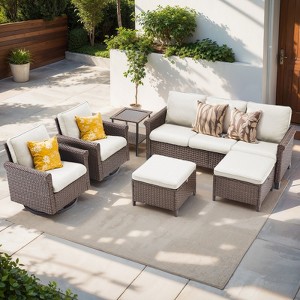 Buenhomino 5-Piece Outdoor Set – Sofa, 2 Swivel Chairs, 2 Ottomans & Table, Handwoven Wicker, Weather-Resistant Cushions for Patio - 1 of 4