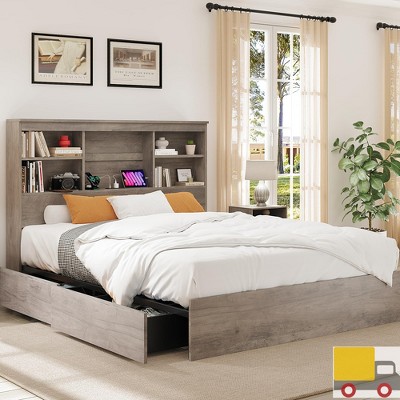 Garvee Platform Bed Frame with 51" Bookcase Headboard, 4 Storage Drawers, Built-in Charging Station, No Box Spring, Farmhouse Wood Design