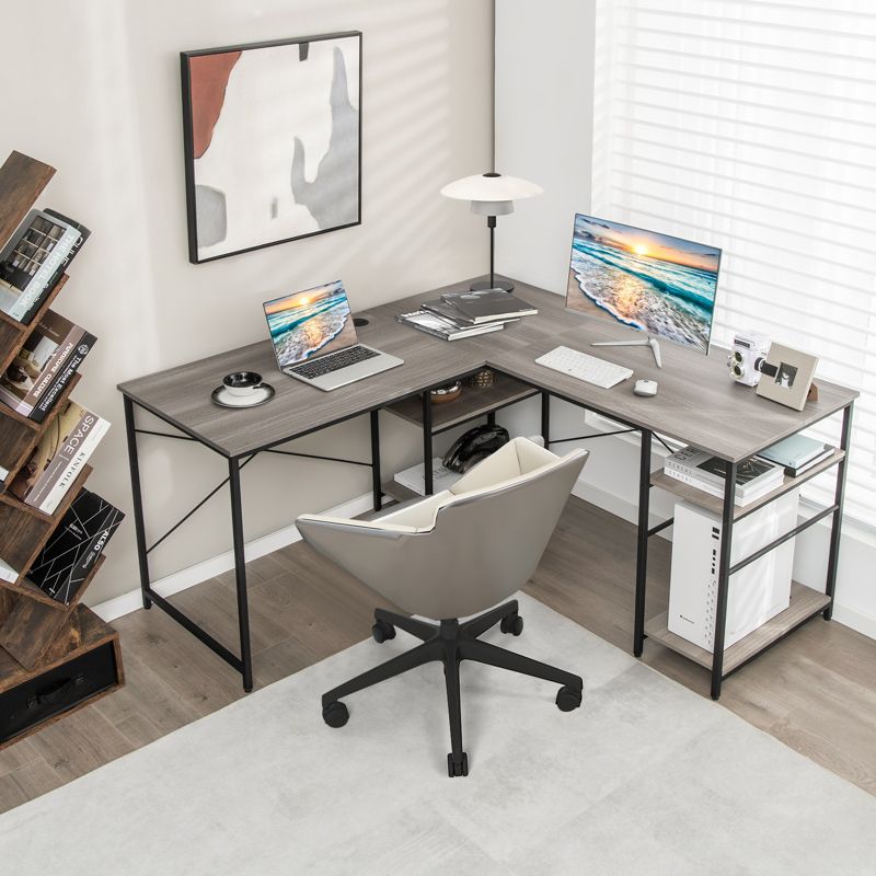 Tangkula Large L-shaped Computer Desk 60” Convertible Corner Desk with 4 Storage Shelves 95” 2-Person Long Study Writing Workstation Black/Rustic Brown/Natural/Grey, 4 of 11
