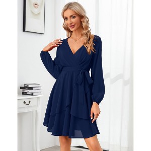 BLUEMING Womens Casual Dress V Neck Wrap Dress Lantern Sleeve Tie Wasit Dres Petal Hem Dress Back Zipper Midi Dress - 1 of 4