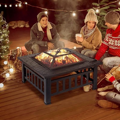 32-Inch Black Square Metal Wood Burning Fire Pit Table