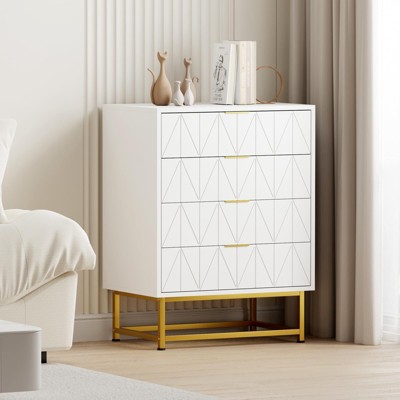 4 Drawer Dresser for Bedroom White Tall Dresser with Metal Legs Small Dresser Storage Chest Cabinet Organizer Wood Chest of Drawers for Living Room