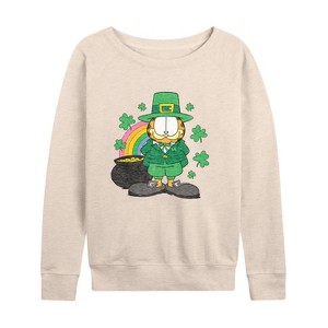 Women's - Garfield - Rainbow Shamrocks Lightweight French Terry Wide Neck Long Sleeve Shirt - 1 of 4