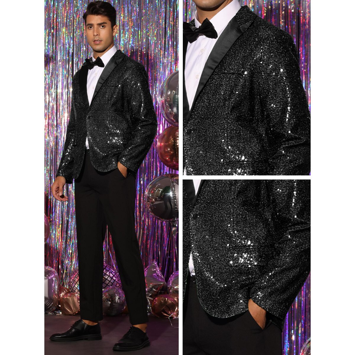 Мужские пиджаки INSPIRE CHIC Men's Peak Lapel Color Block Shiny Sparkle Sequin Blazer White Large — фото 5