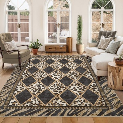 Checkered Area Rugs for Living Room Washable, Soft Low Pile Non-Slip Leopard Print Indoor Carpet Rugs for Entryway Bedroom Dining Room