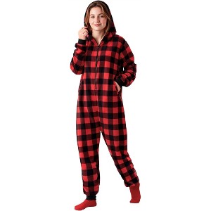 Joyfy Christmas Pajamas, Adult  Fleece Buffalo Plaid Full Zipper Jumpsuit, Christmas Hoodie Pajamas for Women-L - 1 of 4