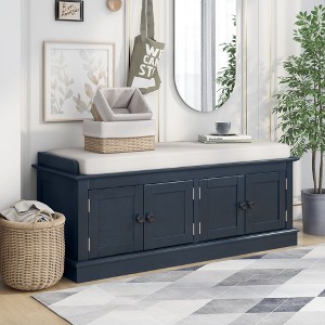 ORRD Storage Bench with 4 Doors & Cushion, Entryway Shoe Bench with Adjustable Shelves for Hallway, Mudroom（Navy） - 1 of 4