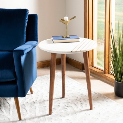 Transitional Round Wood & Stone Accent Table with Brass Inlay