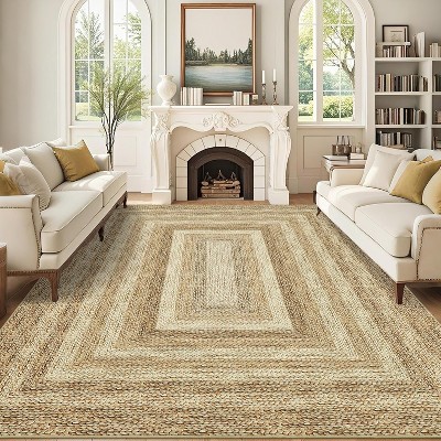 Bordered Braided Print Rug – Modern Washable Stain Resistant Non-Slip Indoor Carpet for Living Room, Bedroom, Nursery – Colorful