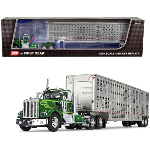 Kenworth W900A Day Cab & Wilson Silverstar Livestock Tandem-Axle Trailer  Neon & Dark Green 1/64 Diecast Model by DCP/First Gear