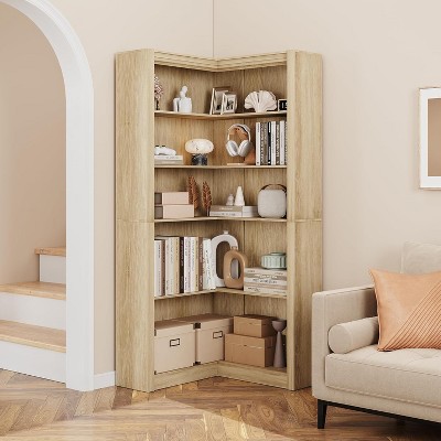 71.8'' Corner Bookshelf, 5-Tier Wooden Farmhouse Bookcase w/Anti-Tipping Kit, Storage Organizer
