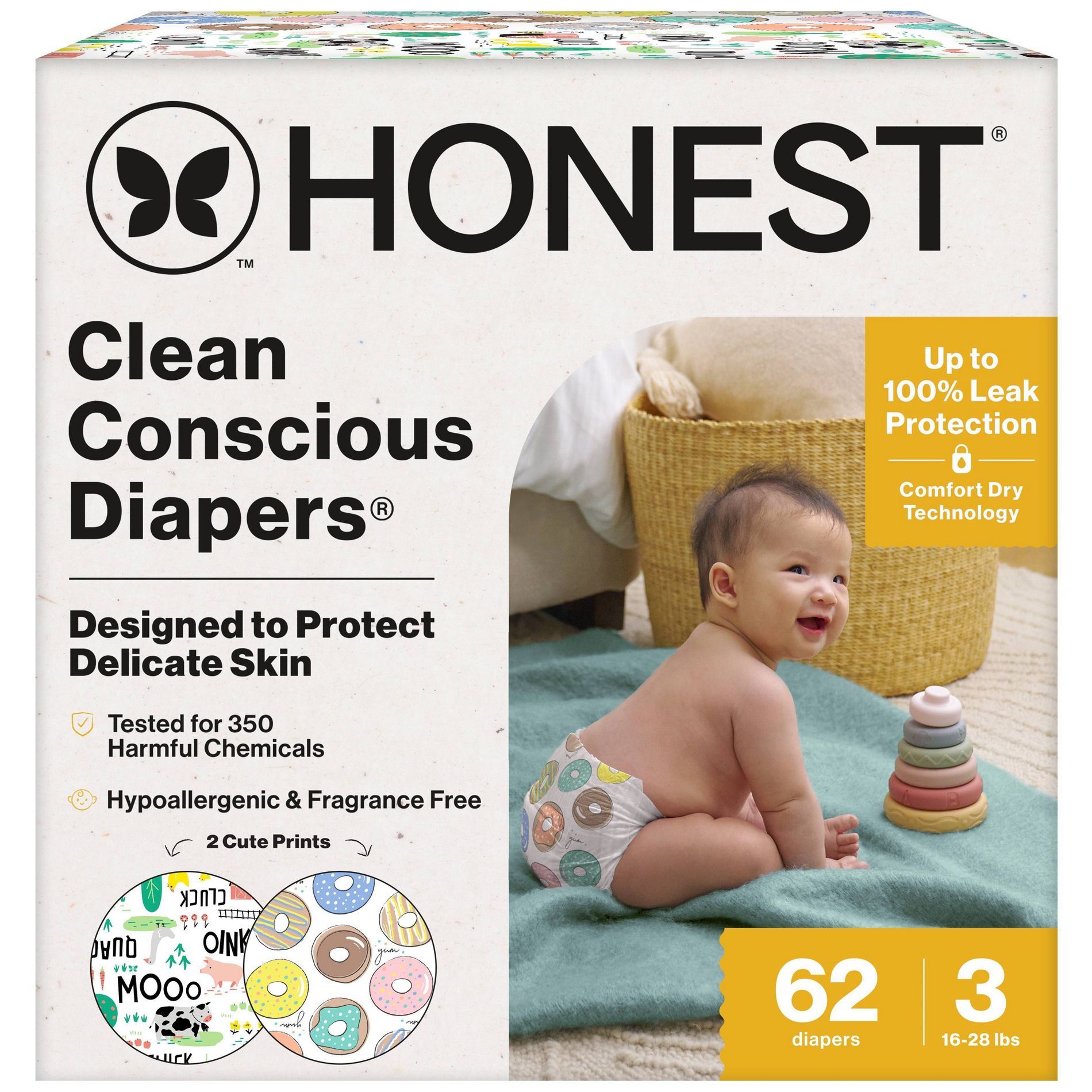 The Honest Company Clean Conscious Diapers - Barnyard Babies + Donut Grow Up - Size 3 - 62ct