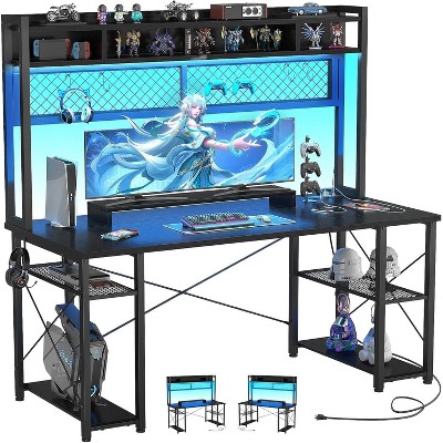 Aheaplus Computer Desk with Hutch, Reversible Gaming Desk with Power outlet and LED Light, Workstation Desk with Monitor Stand