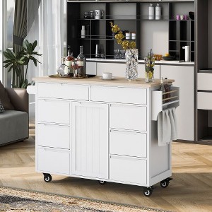 Kitchen Cart With Rubber Wood Countertop, Large Storage Space Flatware Organizer With Spice Rack, Towel Rack, Rolling Kitchen Cart W/5 Wheels - 1 of 4