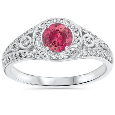 Pompeii3 1ct Diamond & Synthetic Pink Tourmaline Vintage Ring 14K White Gold