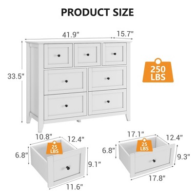 Product size diagram showing dresser dimensions and drawer dimensions