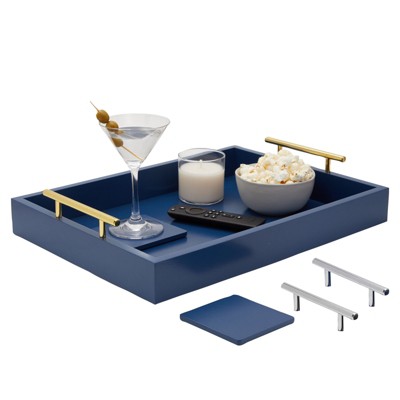 Juvale Decorative Wood Serving Tray with Handles and Coasters, Blue, 16.5 x 12.2 x 3.1 in