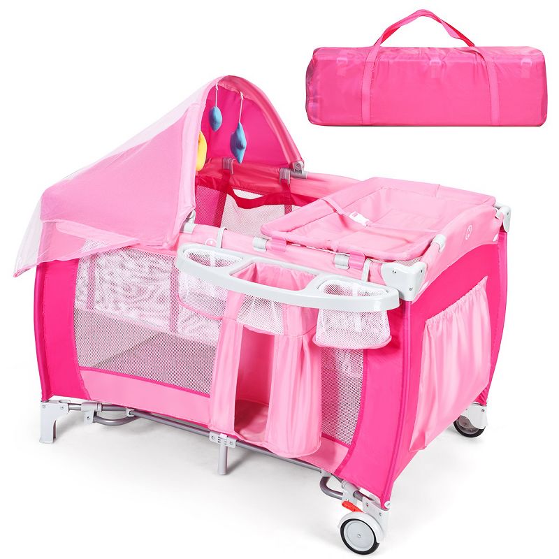 Costway Foldable Baby Crib Playpen Travel Infant Flat Bassinet Bed Mosquito Net Music with Bag Blue/Pink, 1 of 11