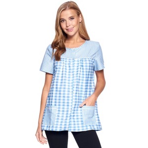 Casual Nights Women's Snap Front Smock Cobbler Woven Scrub Apron Top with Pockets - Blue Plaid - 3X-Large - 1 of 4