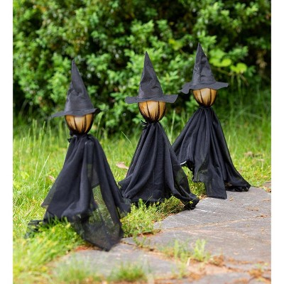 HearthSong 20-Inch Set of 3 Glowing Witches Garden Stakes with Light-Up Heads, for Kids' Halloween Yard Decorating