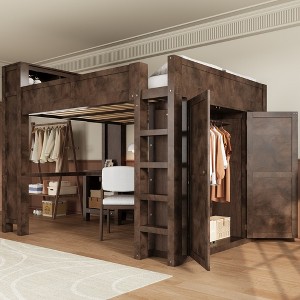 Whisen Wooden Queen Loft Bed with Wardrobe and Desk, Headboard with Storage - 1 of 4