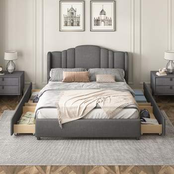 Queen Size Upholstered Platform Bed With Wingback Headboard And 4 ...