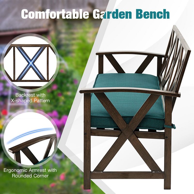 Tangkula 51.5" Outdoor Garden Bench Cushioned Patio Chair with Wood Grain Steel Frame, 4 of 8
