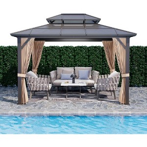 10x13FT Gazebo Hardtop Outdoor Polycarbonate Double Roof Canopy with Aluminum Frame, PVC Sunshade, 76 Column Support, Weather Resistant,UV Protection - 1 of 4