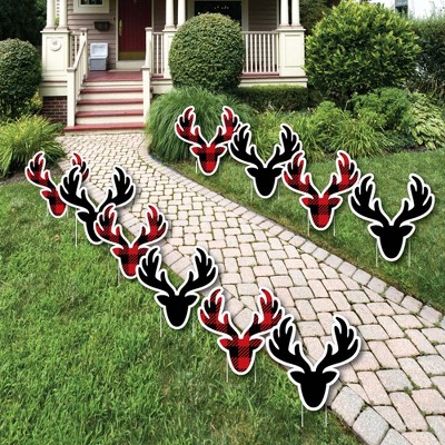 Big Dot of Happiness Prancing Plaid - Reindeer Lawn Decorations - Outdoor Christmas and Holiday Buffalo Plaid Yard Decorations - 10 Piece