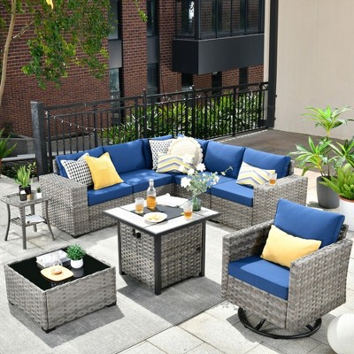 XIZZI 9-Piece Wicker Outdoor Patio Fire Pit Sectional Sofa Set with Cushions, All Weather Conversation Couch Set and Swivel Rocking Chairs