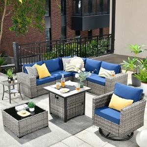 XIZZI 9-Piece Wicker Outdoor Patio Fire Pit Sectional Sofa Set with Cushions, All Weather Conversation Couch Set and Swivel Rocking Chairs - 1 of 4