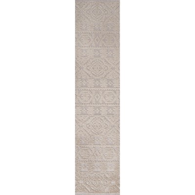 Ivory Geometric Mediterranean Tile 2 x 8 Indoor/Outdoor Runner Rug