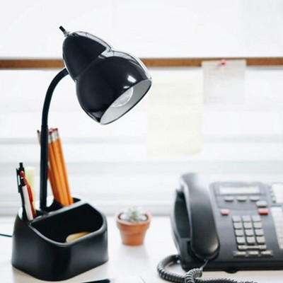 Adjustable Black Plastic Goose Neck Desk Lamp with Organizer