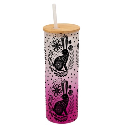 Elanze Designs Woodland Bunny Rabbit Flower Wrap-Around Design 25 Ounce Frosted Gradient Glass On-The-Go Coffee Travel Skinny Tumbler Mug Cup, Bamboo