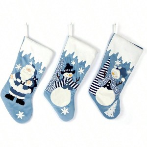 Classic 19 inch Blue Stockings Set of 3 with White Decor Velvet Applique Snow Stockings Fireplace Decorations Santa Snowman - 1 of 4